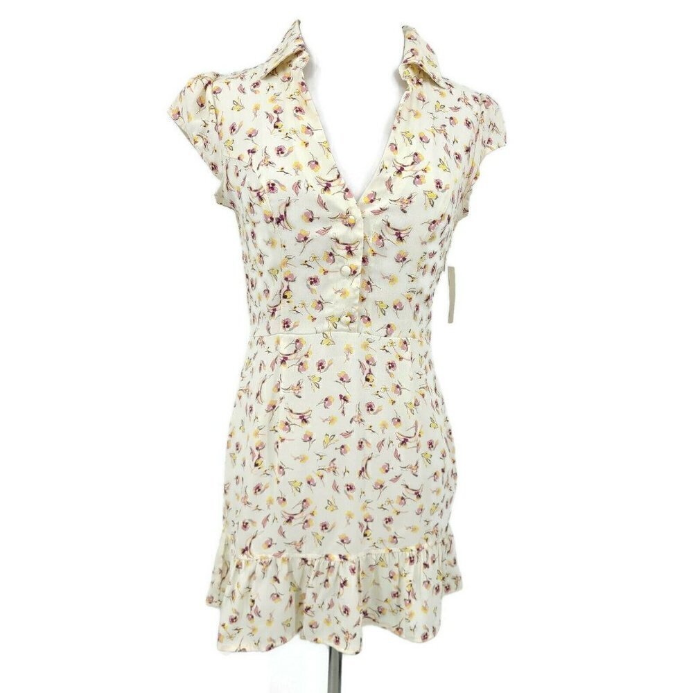 New Flynn Skye Mini Dress Womens XS Cream Lavender Floral Short Sleeve Button